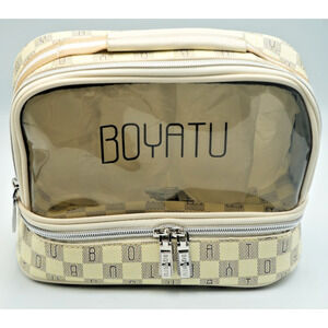 BOYATU Beige Checkered Cosmetic & Travel Organizer Bag, Dual Zipper